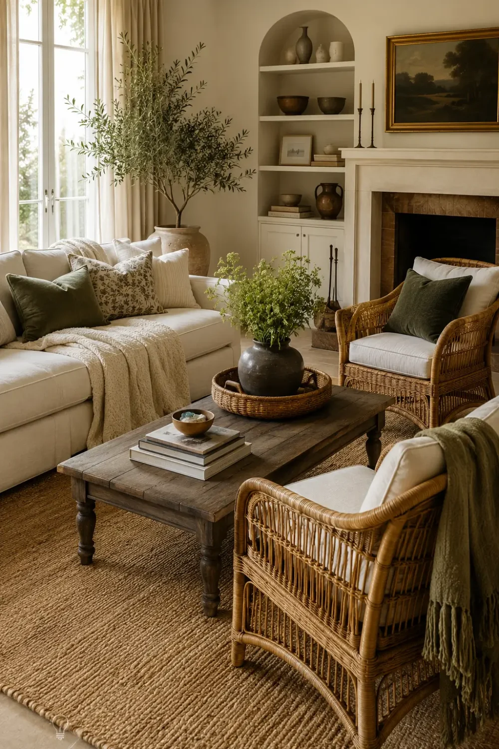 Living room with wicker armchairs, a linen slipcovered sofa, velvet cushions, and a wool throw layered with natural wood furniture.