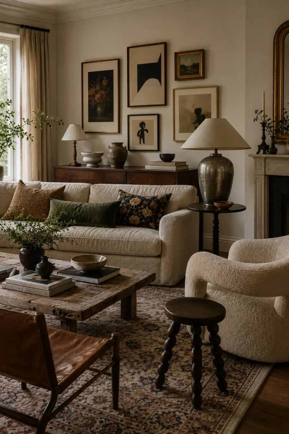 Collected living room mixing a modern sofa with vintage furniture, mismatched artwork, patterned textiles, dark wood and antique-inspired accents