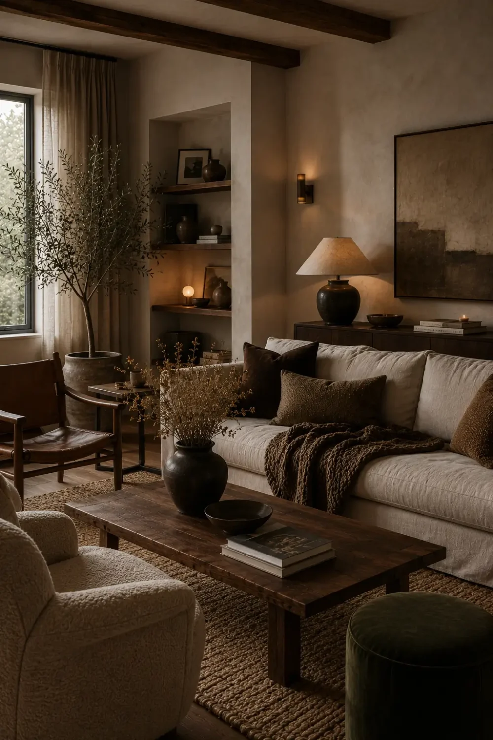 Cozy living room layered with linen, wool, velvet, dark wood, textured plaster walls, woven rugs and soft ambient lighting