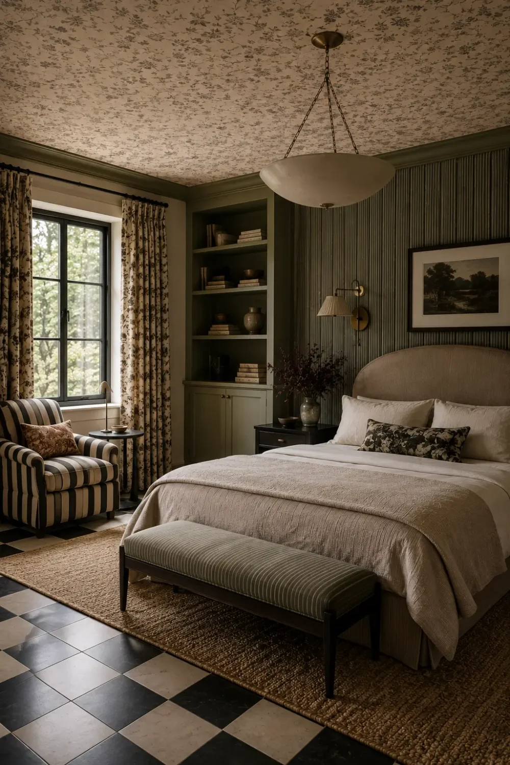 Layered bedroom with a floral wallpapered ceiling, striped walls and armchair, patterned curtains, and a classic black-and-white checkerboard floor