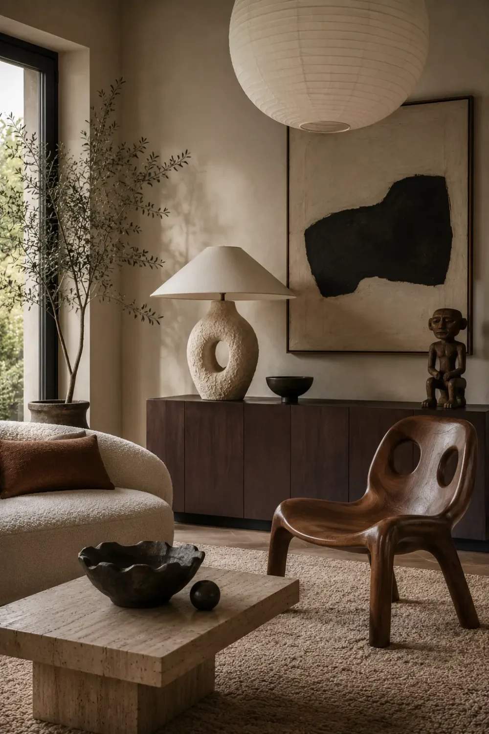 Neutral living room with an oversized paper lantern, sculptural ceramic lamp, organic wood chair and handmade statement pieces