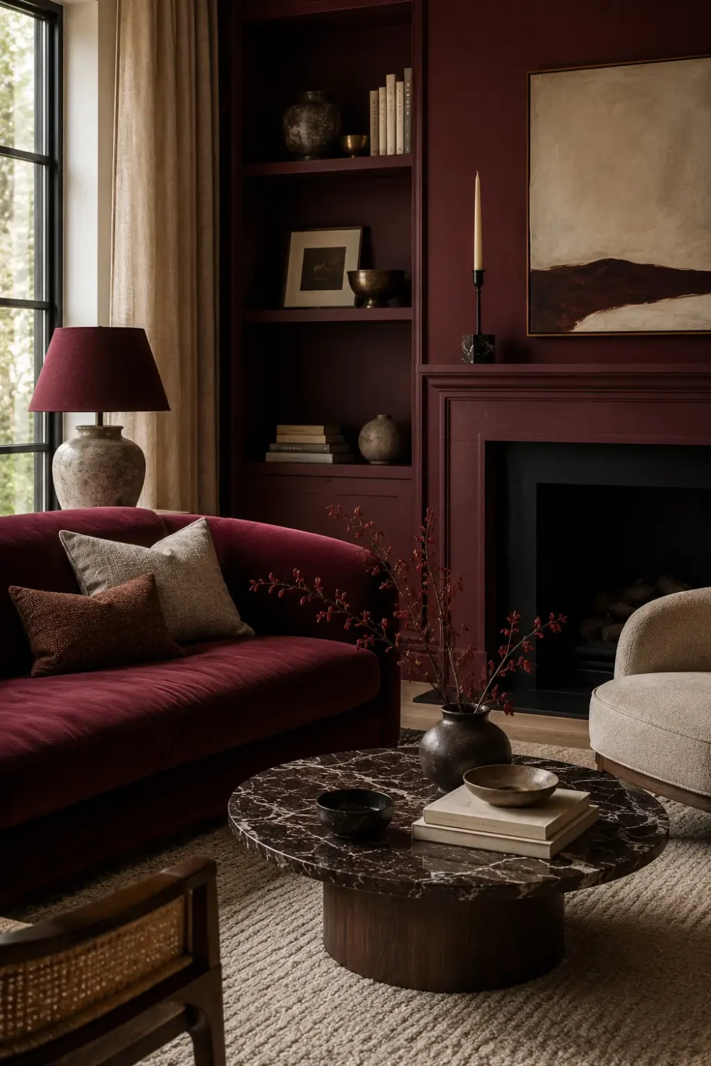 Wine red living room with a burgundy velvet sofa, deep red walls, dark wood and warm neutral accents