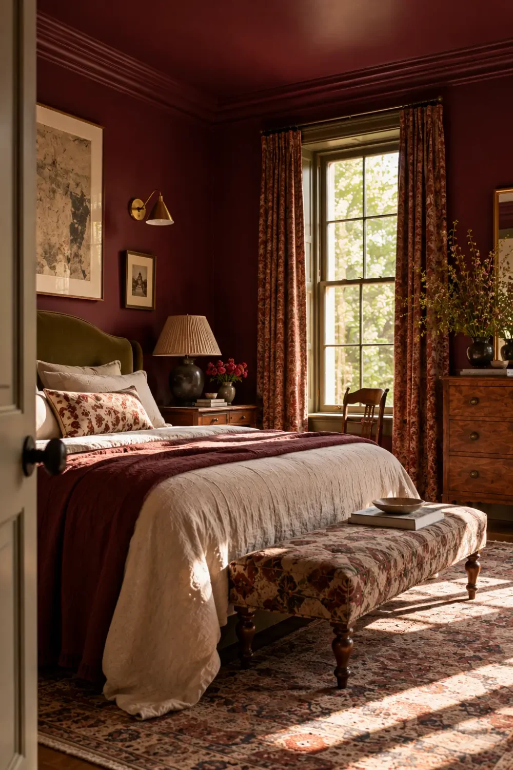 Bold burgundy bedroom with matching walls and ceiling, olive green headboard, patterned curtains and layered vintage furnishings.