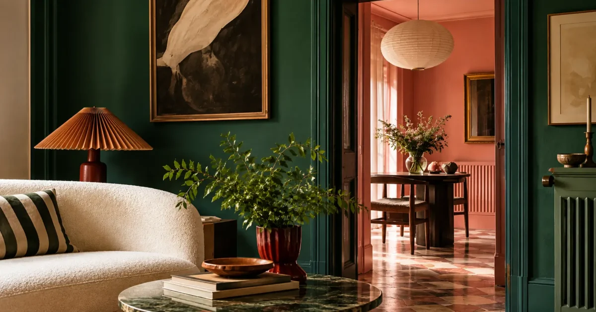 Living room with deep green walls opening into a warm terracotta dining room, showing how bold wall colors can transform a home