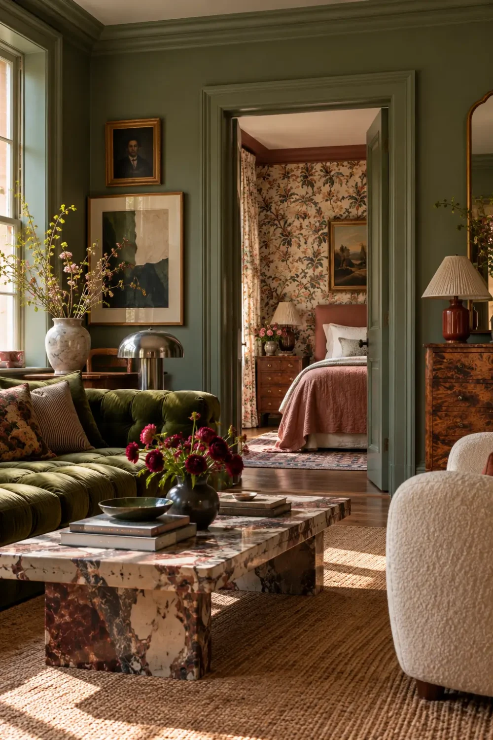 Eclectic living room mixing olive green walls, vintage furniture and modern lighting, opening into a floral wallpaper bedroom with soft pink accents.