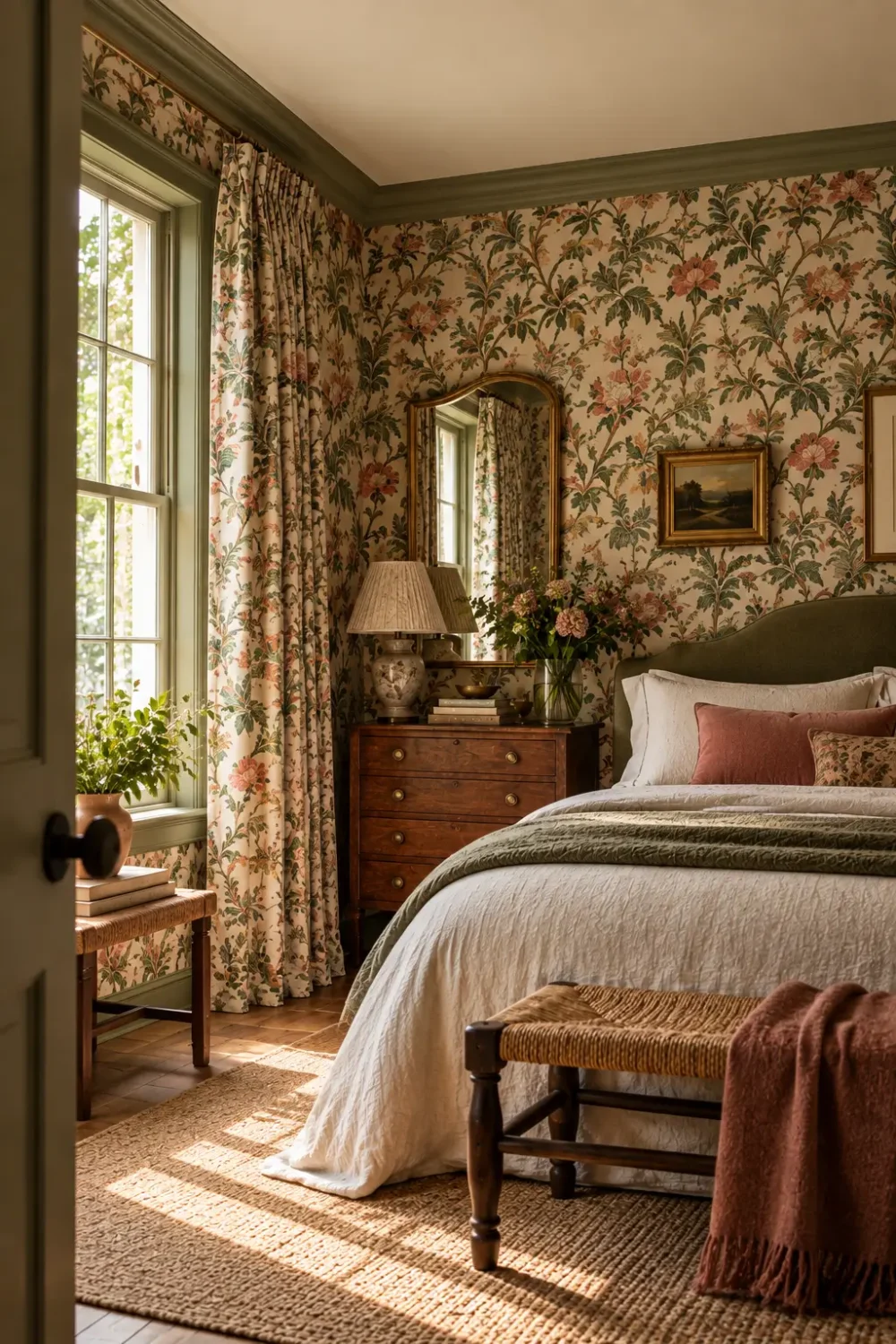 Bedroom wrapped in floral wallpaper across the walls, paired with matching curtains, vintage wood furniture and an olive green headboard.