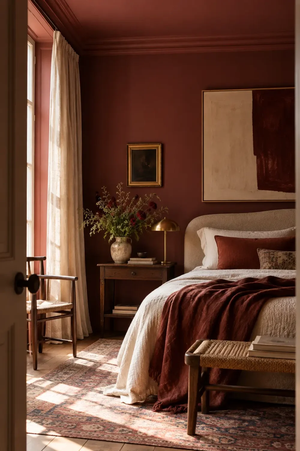 Oxblood bedroom walls and ceiling create a warm, dramatic backdrop for vintage wood furniture, layered textiles and neutral bedding.