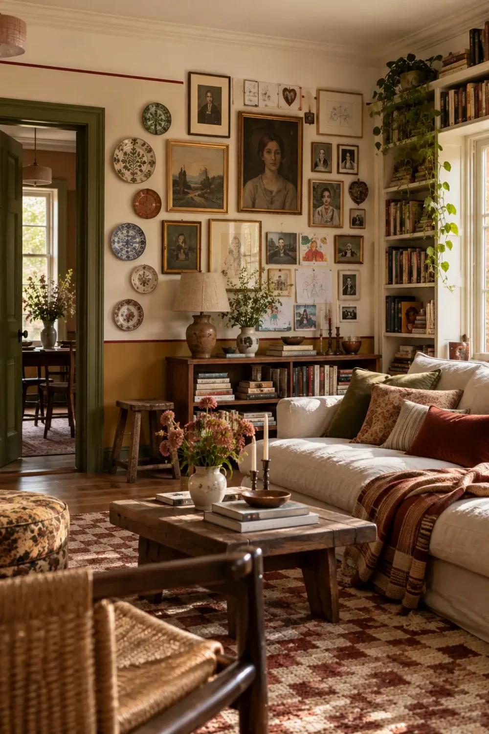 Eclectic living room with a personal gallery wall of vintage art, family photos, children’s drawings and collected plates.