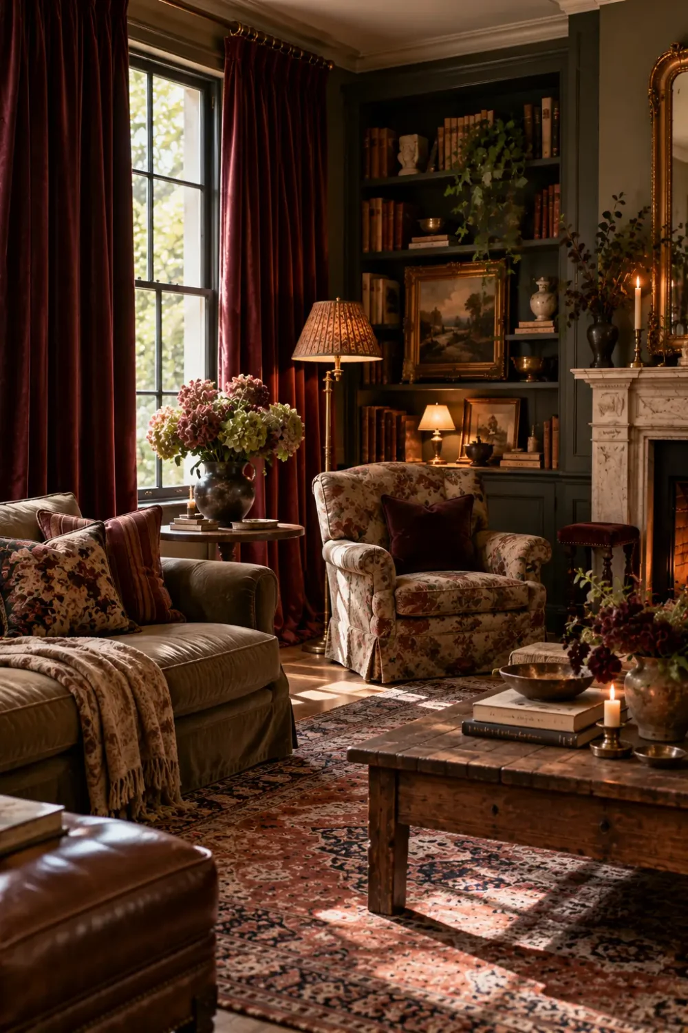 Cozy vintage living room with floor-length burgundy velvet curtains, a floral armchair, dark wooden bookshelves, layered patterned cushions, and a faded Persian rug.