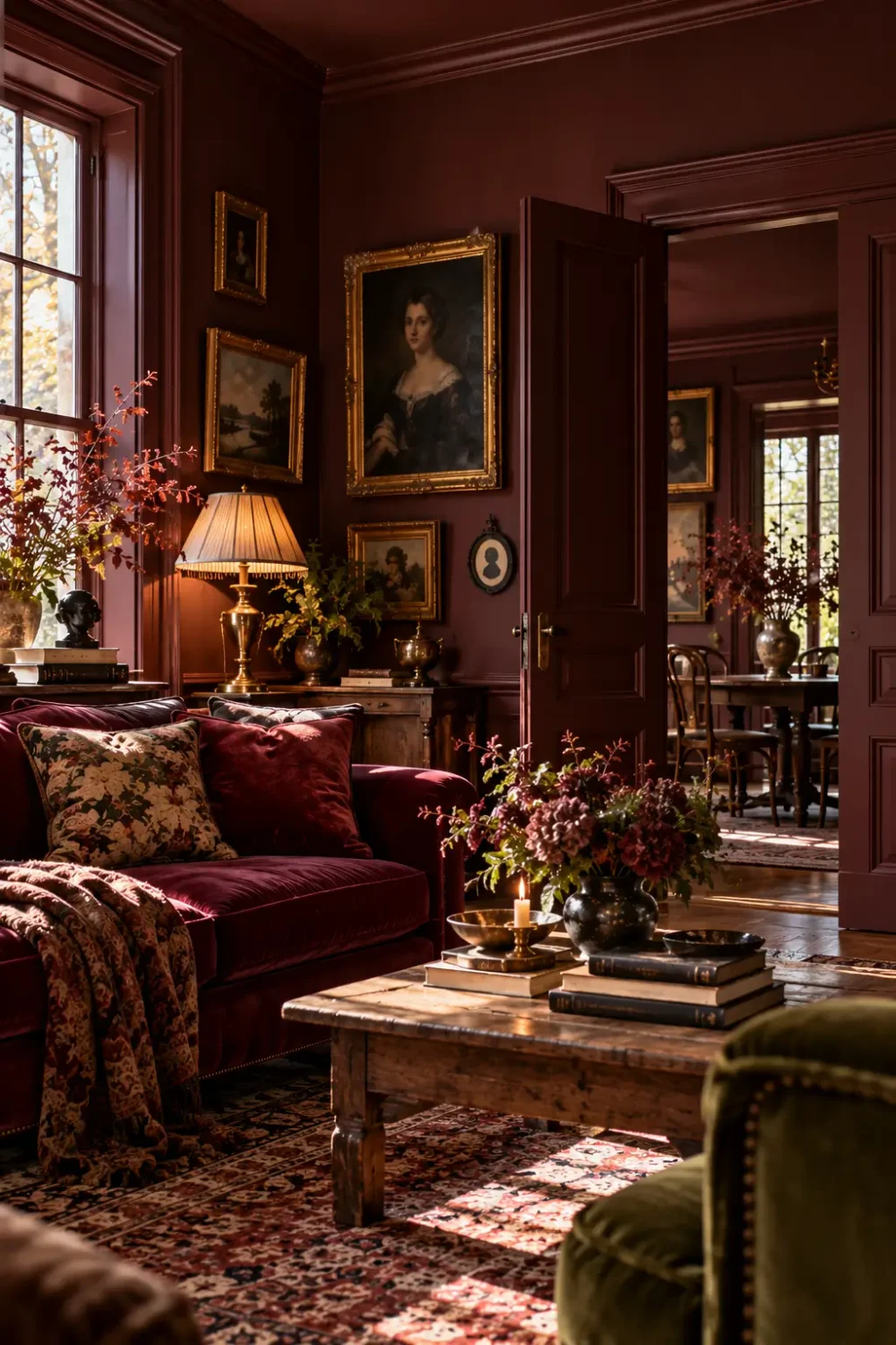 Moody vintage living room with deep burgundy walls, matching painted doors and trim, antique oil paintings, a velvet sofa, and warm sunlight.