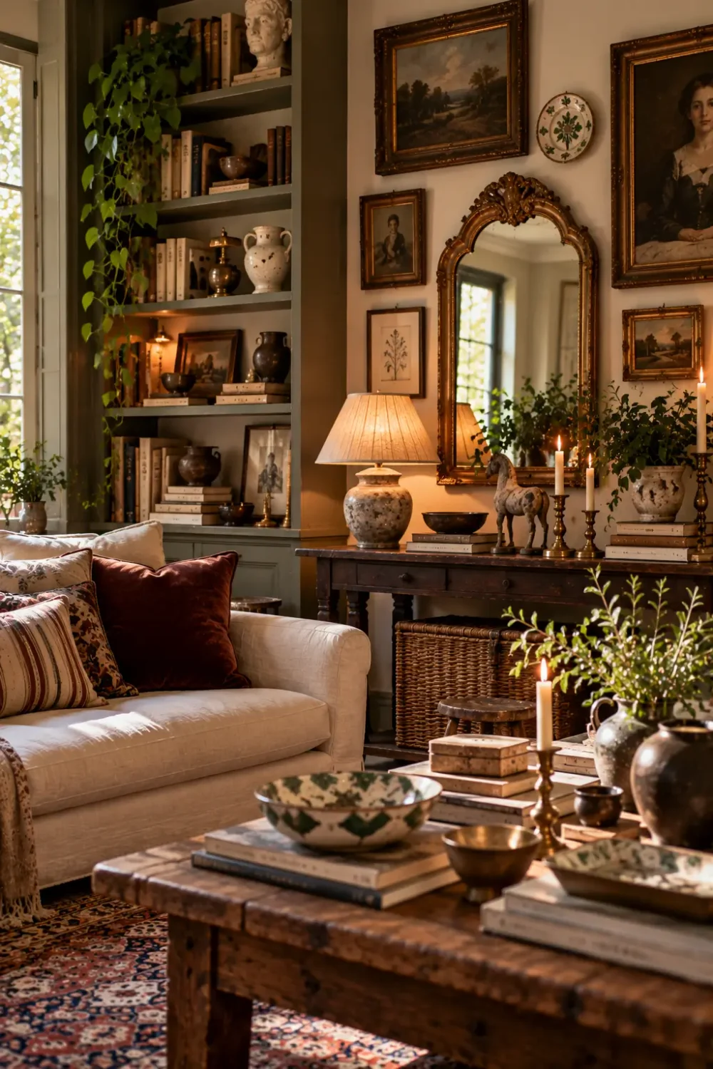 Eclectic living room filled with meaningful vintage finds, including an antique gold mirror, collected ceramics, old books, framed artwork, and travel souvenirs displayed on wooden tables and bookshelves.