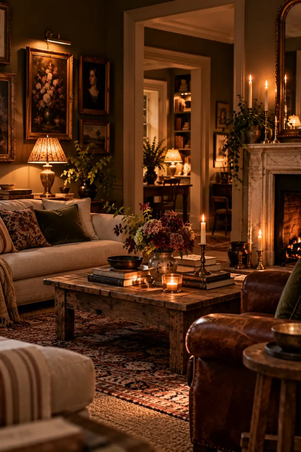 Cozy living room with warm layered lighting from table lamps, brass candlesticks, and a picture light above vintage artwork, creating a soft, moody atmosphere without harsh overhead lighting.