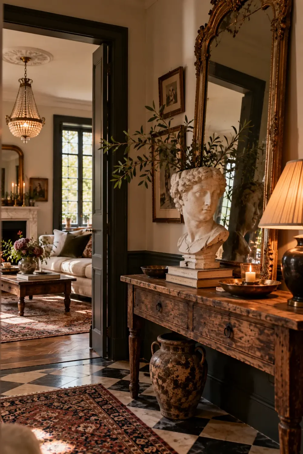 Eclectic vintage entryway featuring a marble bust, oversized ornate gold mirror, rustic wooden console table, and warm lighting, adding unexpected character to the space.
