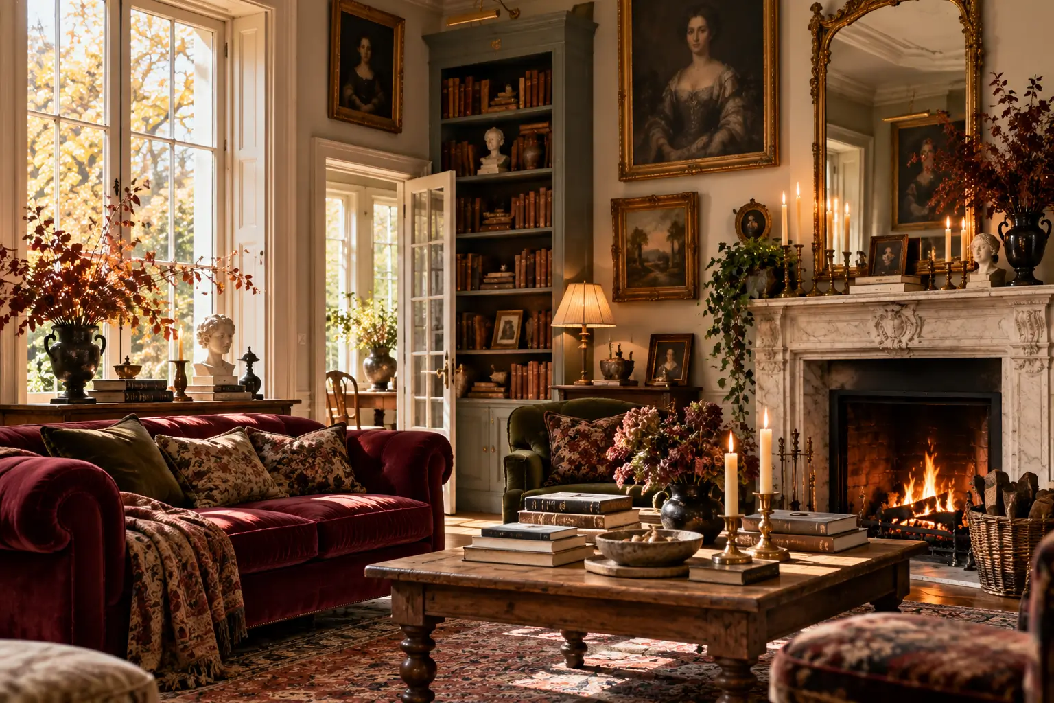 Sunlit vintage living room with a burgundy velvet sofa, antique portraits, ornate gold mirror, marble fireplace, and old books, creating a beautifully haunted house aesthetic.