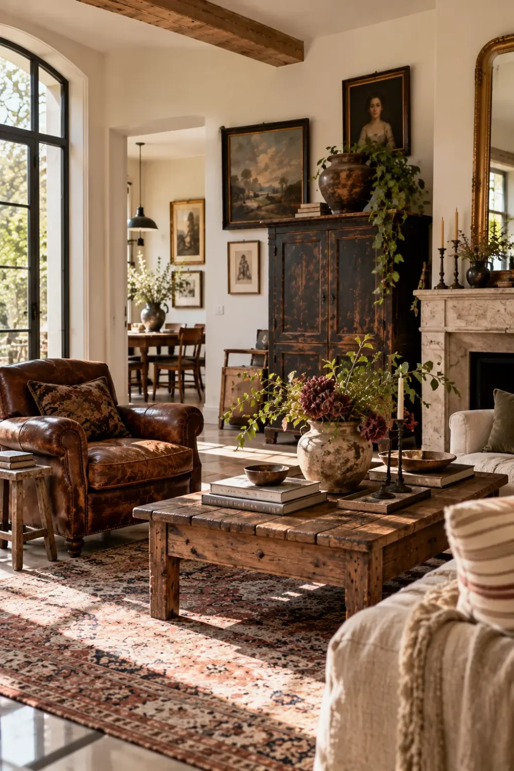 Sunlit living room mixing worn vintage furniture with modern pieces, featuring a distressed wooden coffee table, aged leather armchair, antique cabinet, faded Persian rug, and cream linen sofa.