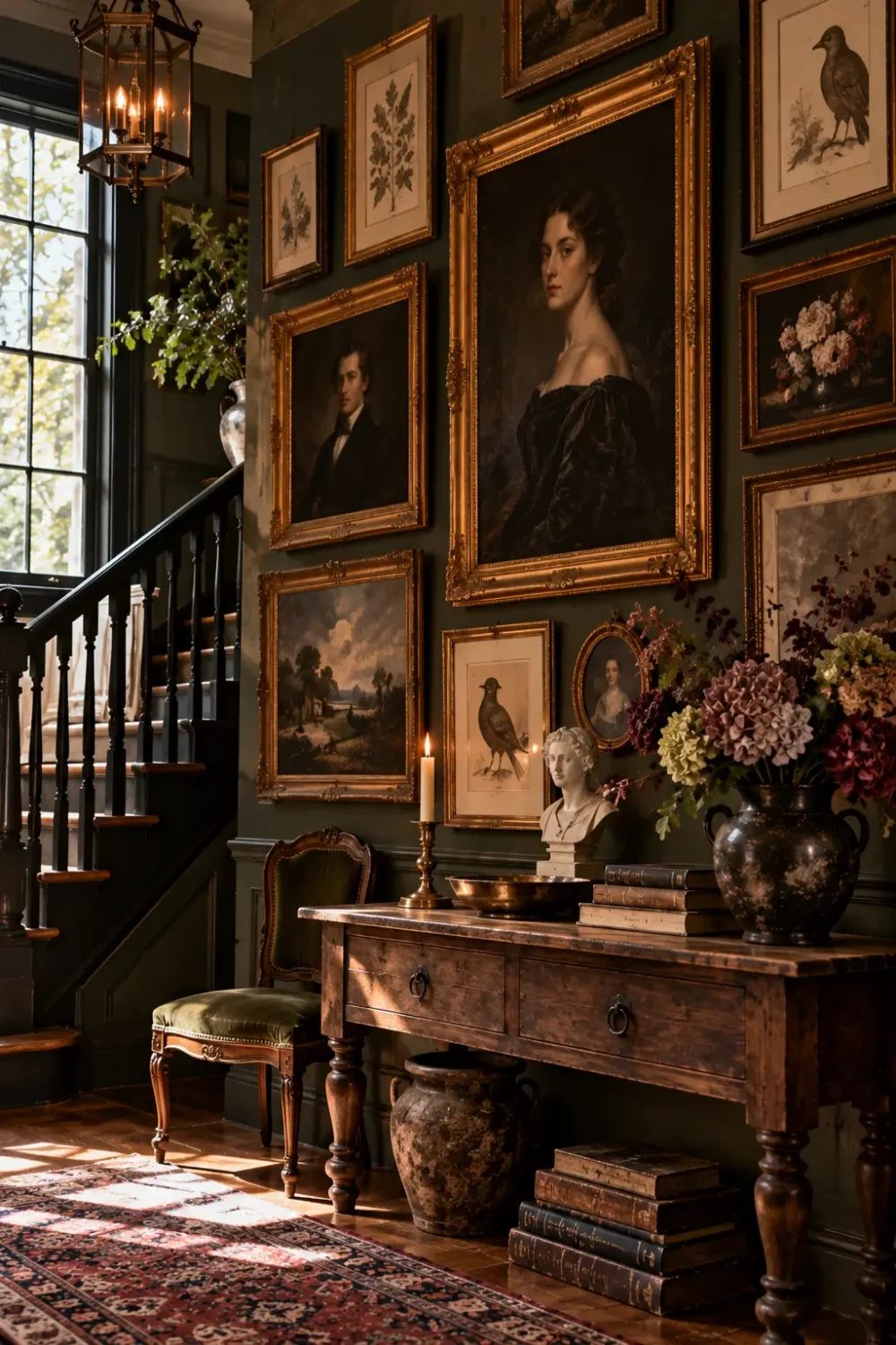 Moody vintage hallway with a gallery wall of antique oil portraits, botanical prints, and landscape paintings in ornate gold frames, paired with dark olive walls and rustic wooden furniture.